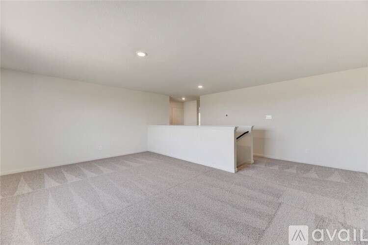 A spacious room with a carpeted floor and a white wall.