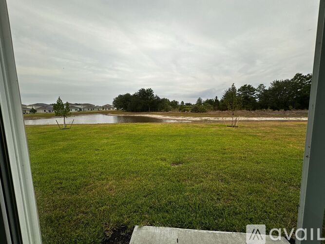 A grassy field with a lake and trees in the distance.
