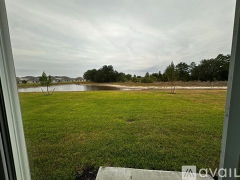 A grassy field with a lake and trees in the distance.