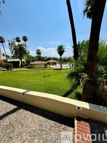 A palm tree stands in front of a house with a pool.