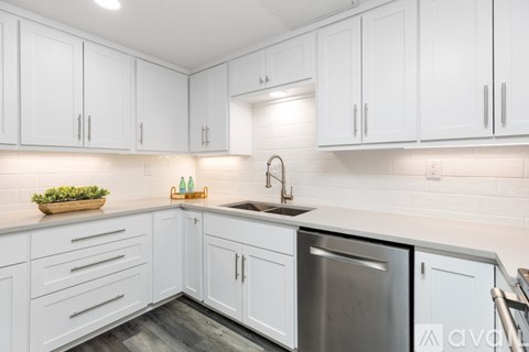 A kitchen with white cabinets and a stainless steel dishwasher.
