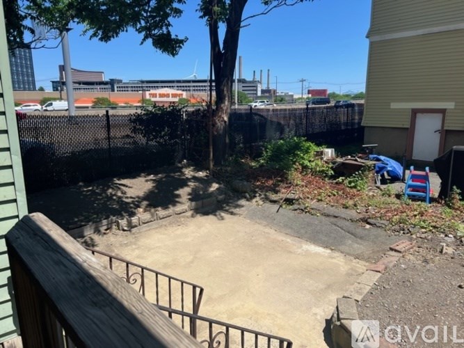 A backyard with a tree and a fence.