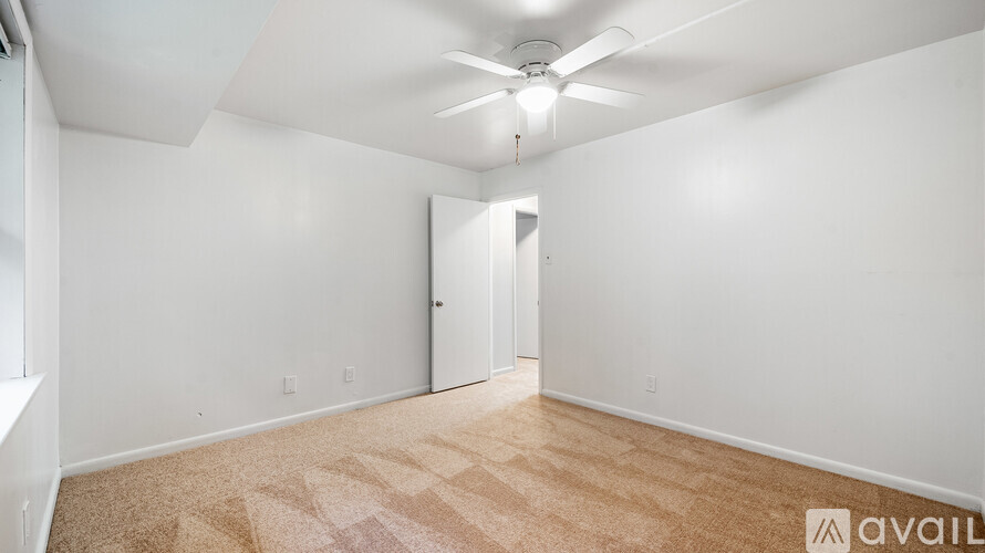 A room with a carpeted floor and a ceiling fan.