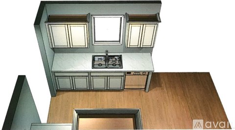 A drawing of a kitchen with a sink and stove.