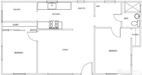 A floor plan of a small apartment with two bedrooms, a living room, a kitchen, a bathroom, a pantry, and a closet.
