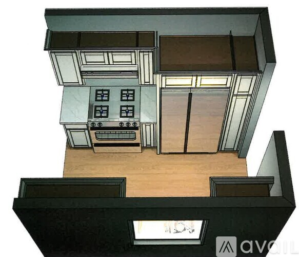 A drawing of a house with a kitchen and living room.