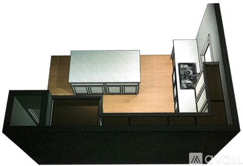 A top down view of a kitchen with a table and a refrigerator.