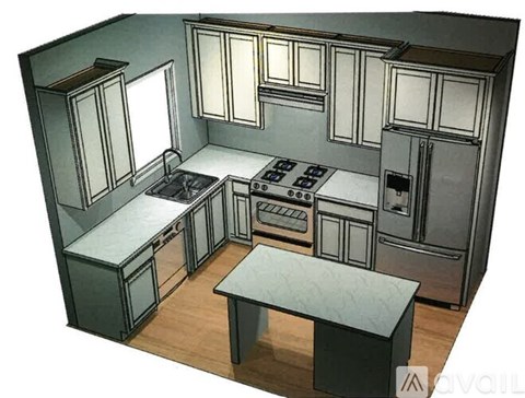 A drawing of a kitchen with a table and cabinets.