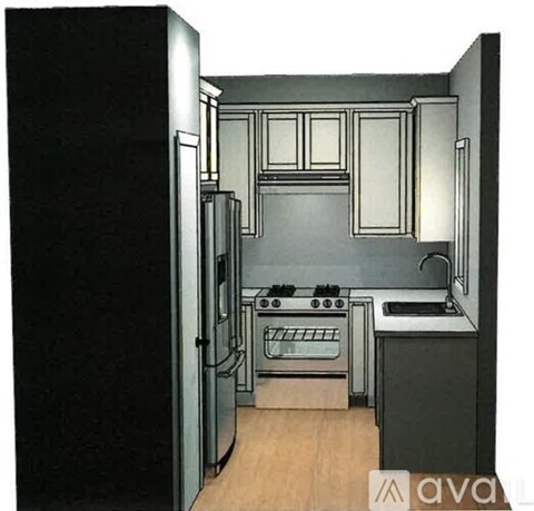 A black and white drawing of a kitchen with a refrigerator, oven, and cabinets.