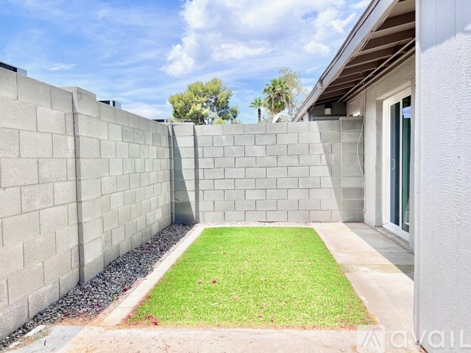 A backyard with a concrete wall and a small grassy area.