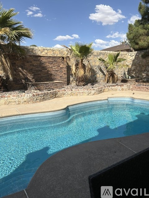 A pool surrounded by a stone wall and palm trees.