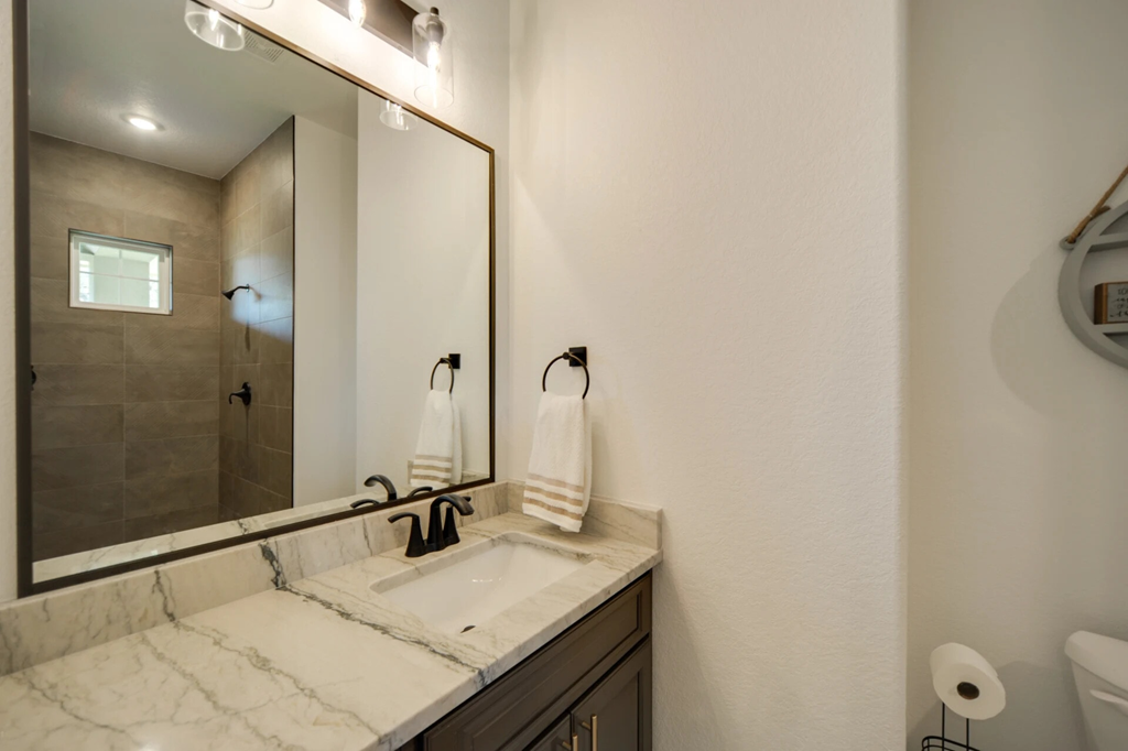 A bathroom with a marble countertop and a large mirror.