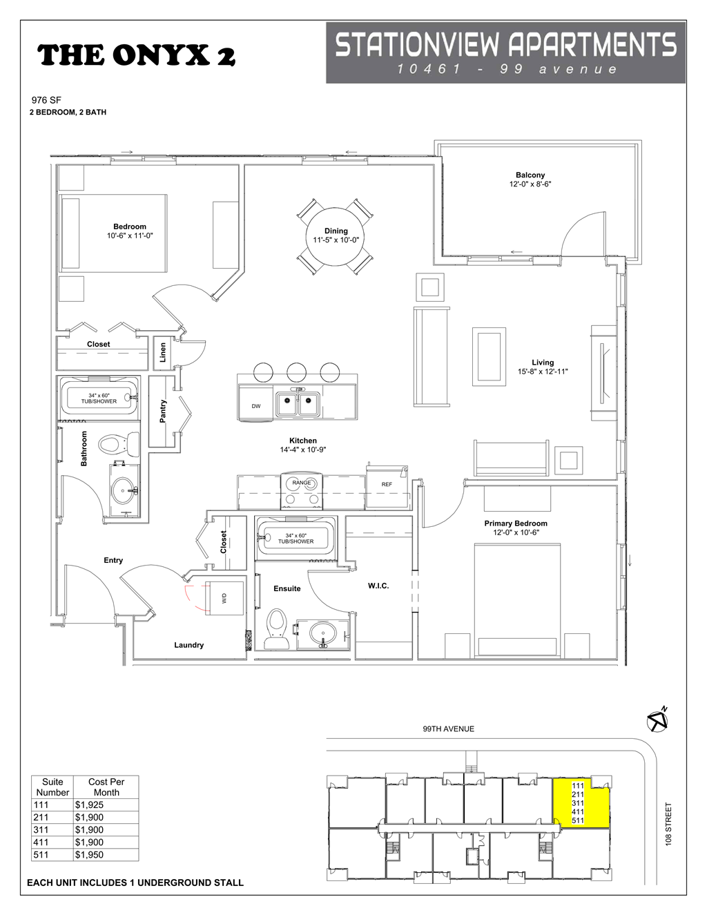 A floor plan for a 1 bedroom, 1 bath apartment at Stationview Apartments.