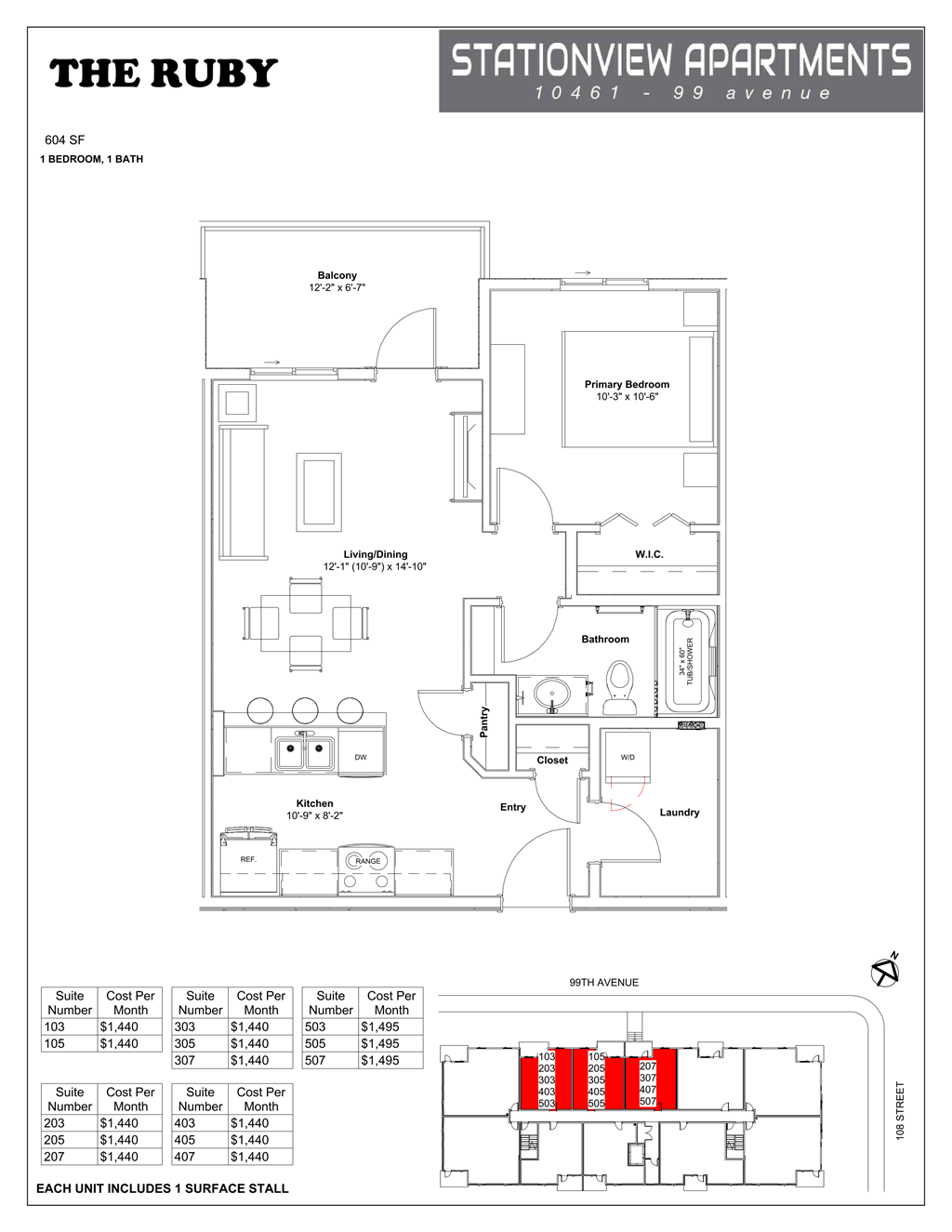 A floor plan for an apartment complex called The Ruby at Stationview Apartments.