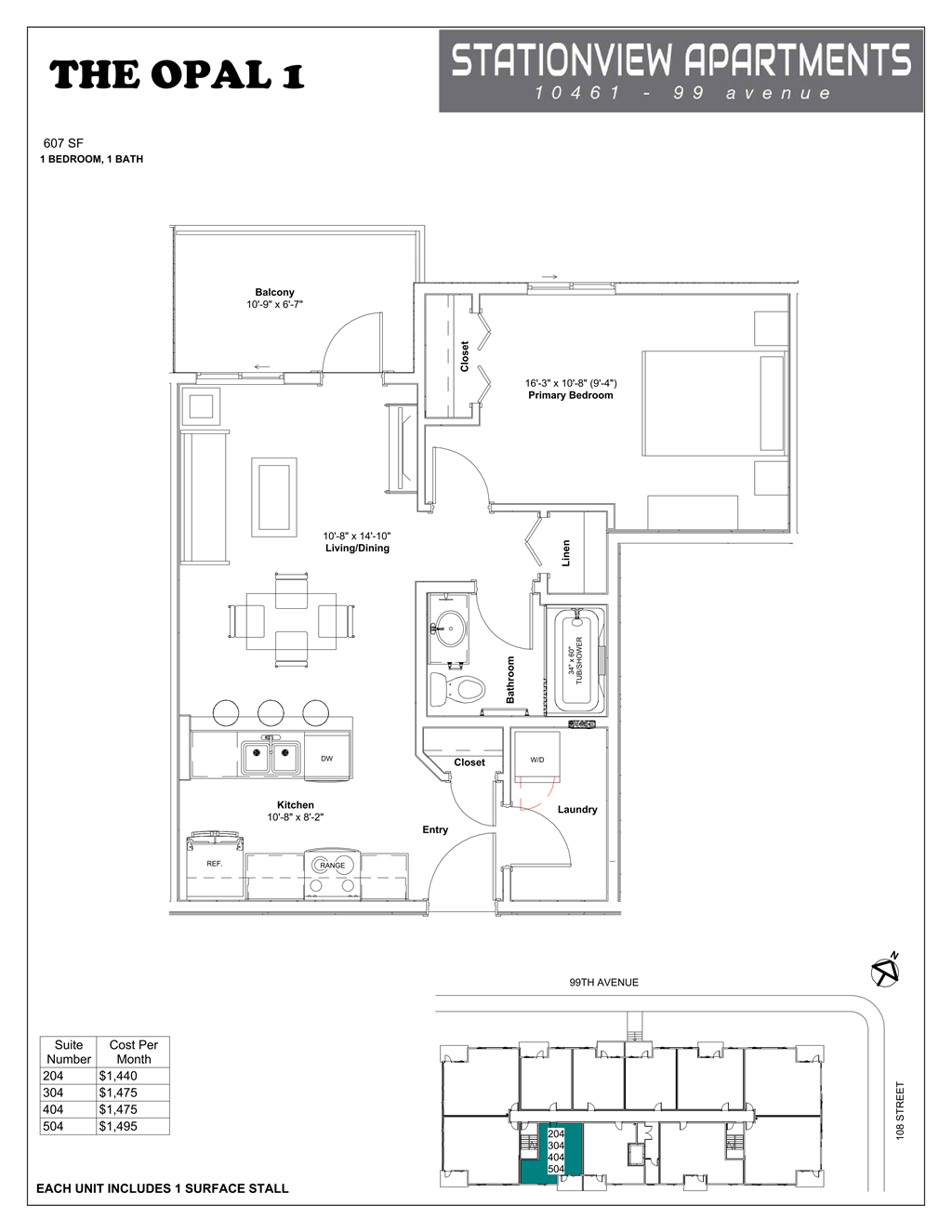 A floor plan for a 1 bedroom, 1 bath apartment at Stationview Apartments.
