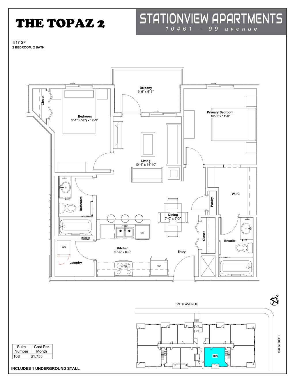 A floor plan for a 1 bedroom, 1 bath apartment at Stationview Apartments.