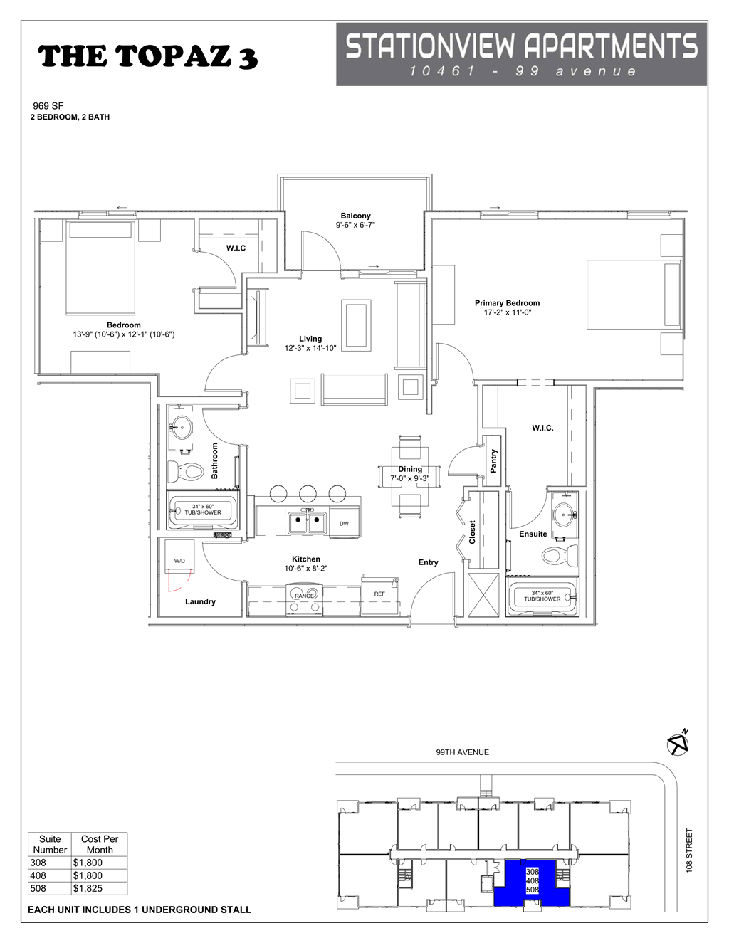 A floor plan for a 1 bedroom, 1 bath apartment at Stationview Apartments.
