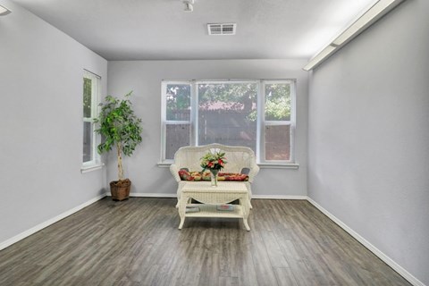 A room with a white chair and a potted plant.
