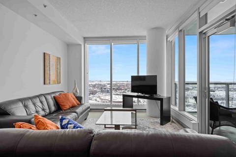 A living room with a grey couch and a television.
