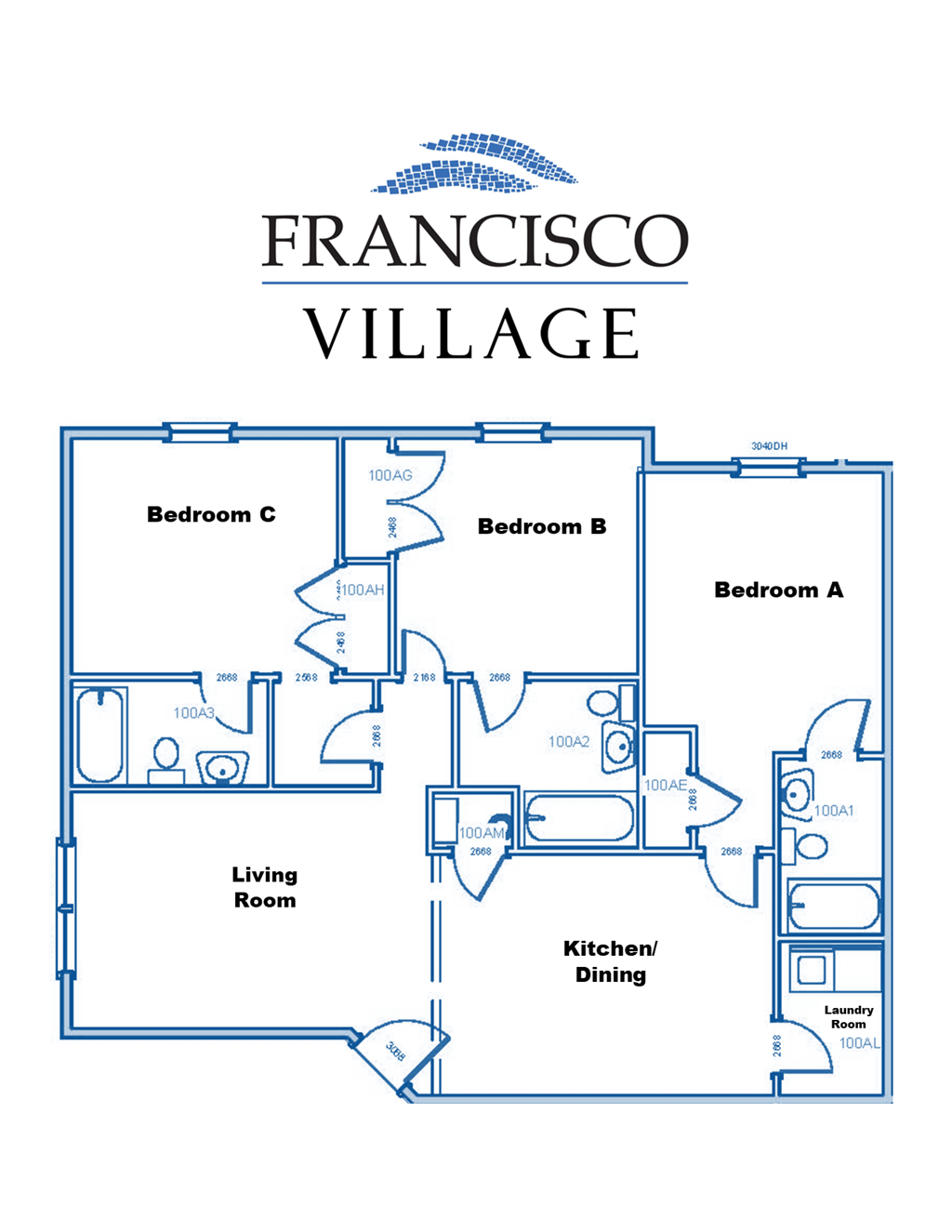 A floor plan of a home with three bedrooms and a living room.