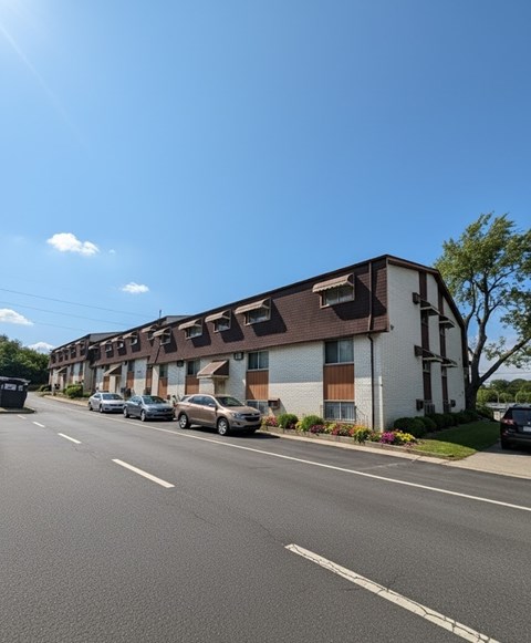 A street view of a residential area with cars parked on the side of the road.