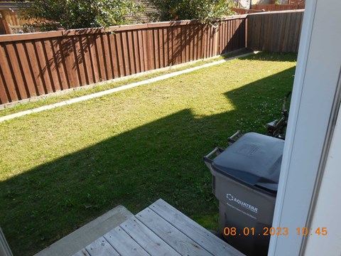 A backyard with a wooden fence and a trash can.