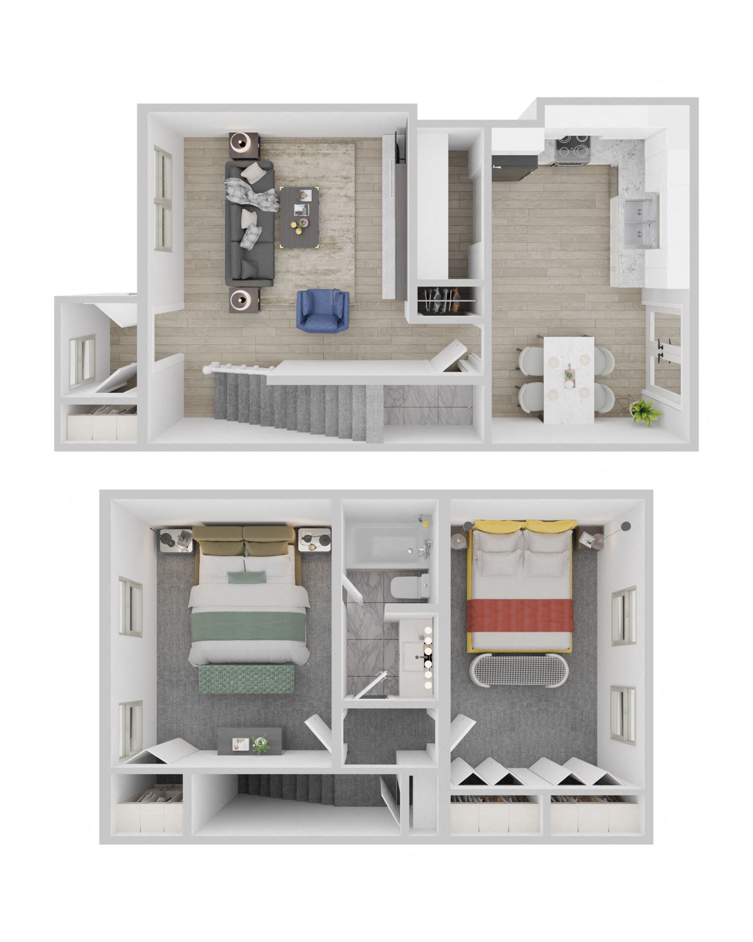 Parkins Ridge 2-bedroom floorplan. Downstairs has light brown LVT flooring, and the stairs and upstairs area have light gray carpet.