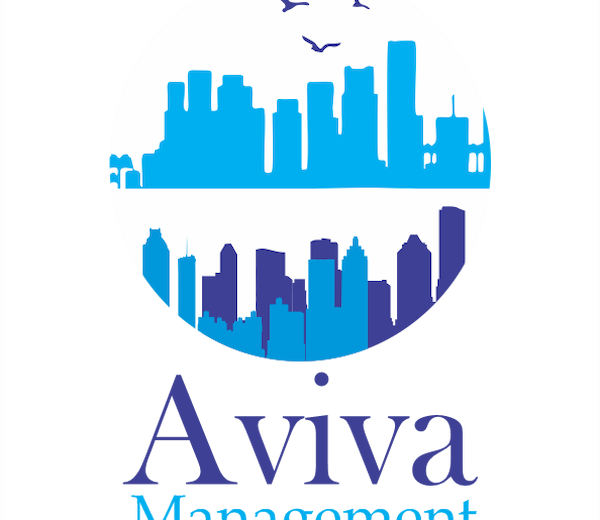 A logo with a city skyline and the words "Aviva Management" in front of it.