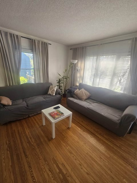 A living room with two grey couches and a wooden floor.
