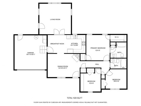 A black and white image of a floor plan for a 1320 square foot total living space.