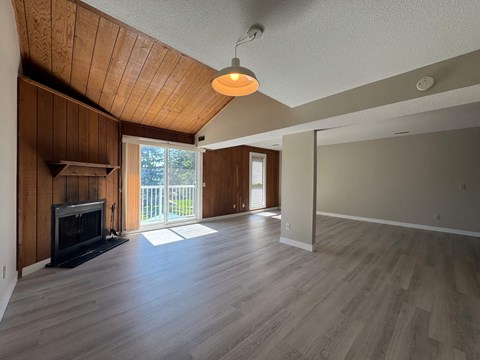 A living room with a fireplace and sliding glass doors.