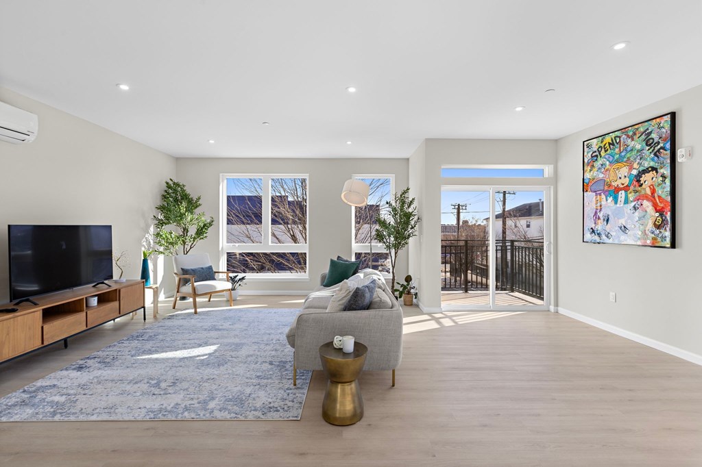 A living room with a television, a couch, and a rug.