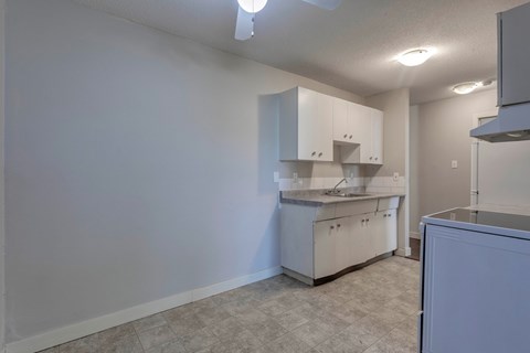 A kitchen with white cabinets and a countertop.