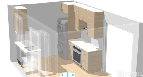 A 3D rendered image of a kitchen with a microwave, oven, and a blue arrow on the floor.