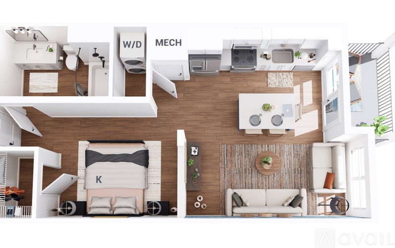 A 3D floor plan of a small apartment with a kitchen, living room, and bedroom.