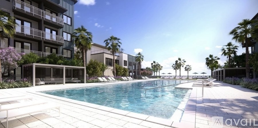 A large outdoor swimming pool surrounded by palm trees and lounge chairs.
