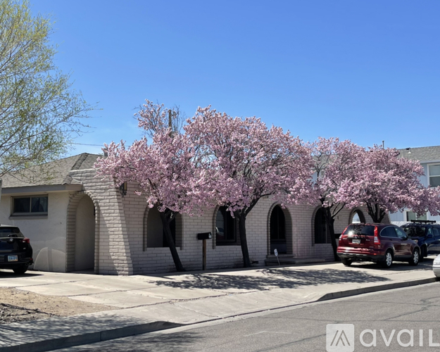 A house with a blooming tree in front.