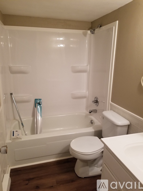 A white toilet sits next to a bathtub in a bathroom.