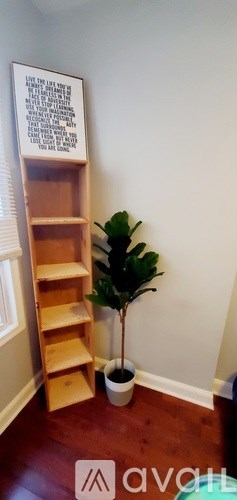 A wooden shelf with a potted plant in front of it.