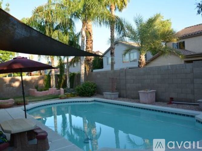 A pool surrounded by a stone wall and palm trees.