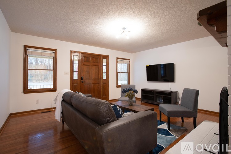 A living room with a grey couch and a television.