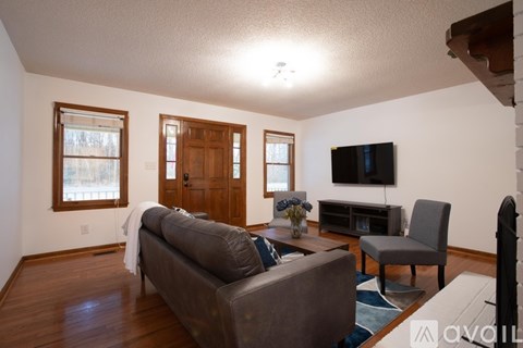 A living room with a grey couch and a television.