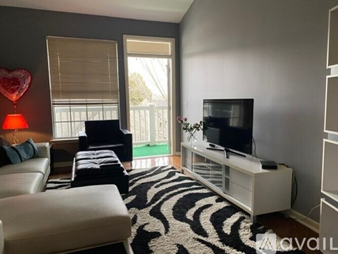 A living room with a zebra rug and a television on a stand.