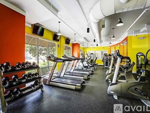 A gym with treadmills, weights, and exercise equipment.