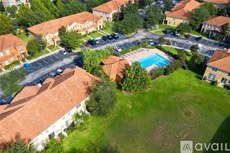 A bird's eye view of a community with a pool and apartment buildings.