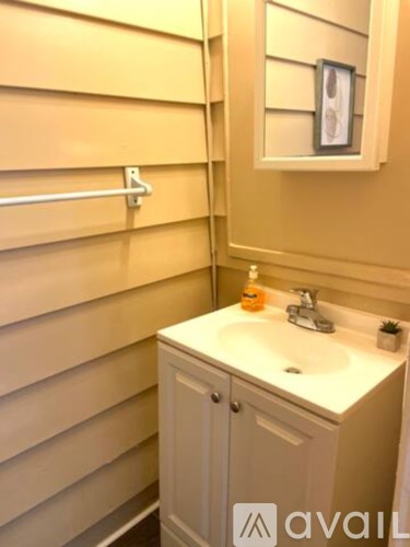A bathroom with a sink and a cabinet.
