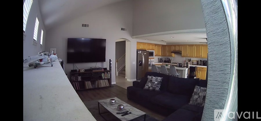 A living room with a black couch and a television.