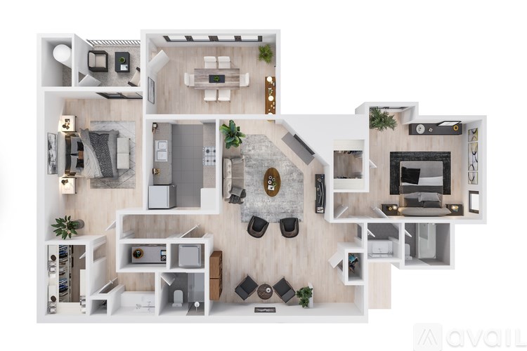 A top-down view of a house layout with a living room, kitchen, dining area, and bedrooms.