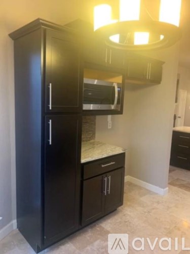 A black kitchen cabinet with a microwave and a fridge.