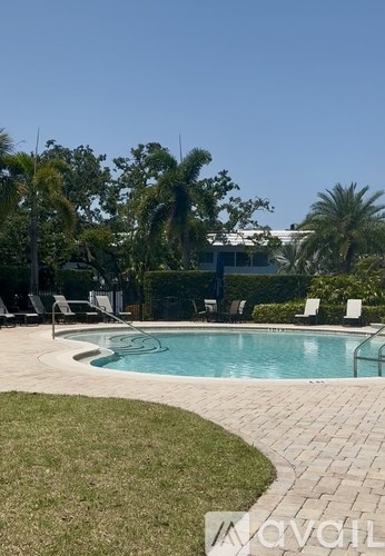 A swimming pool surrounded by a brick patio and palm trees.